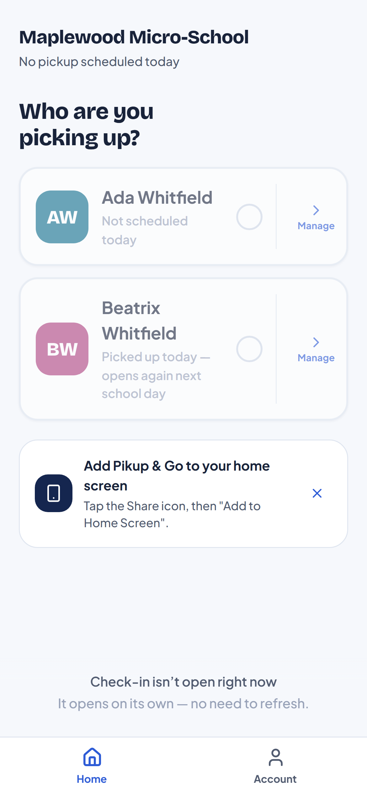 Parent home screen listing two children with a large blue "I'm Here" button