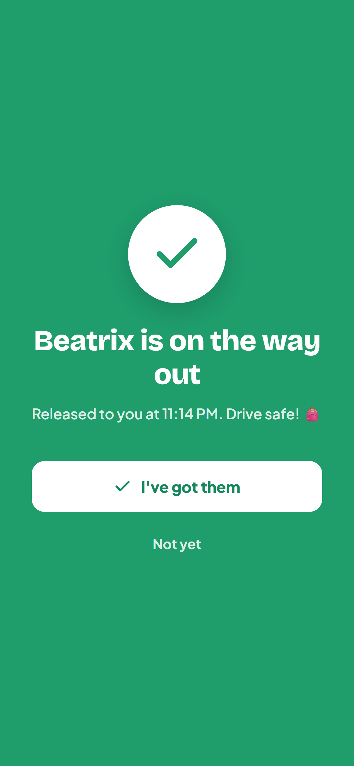 Parent screen with a green checkmark confirming a child has been released